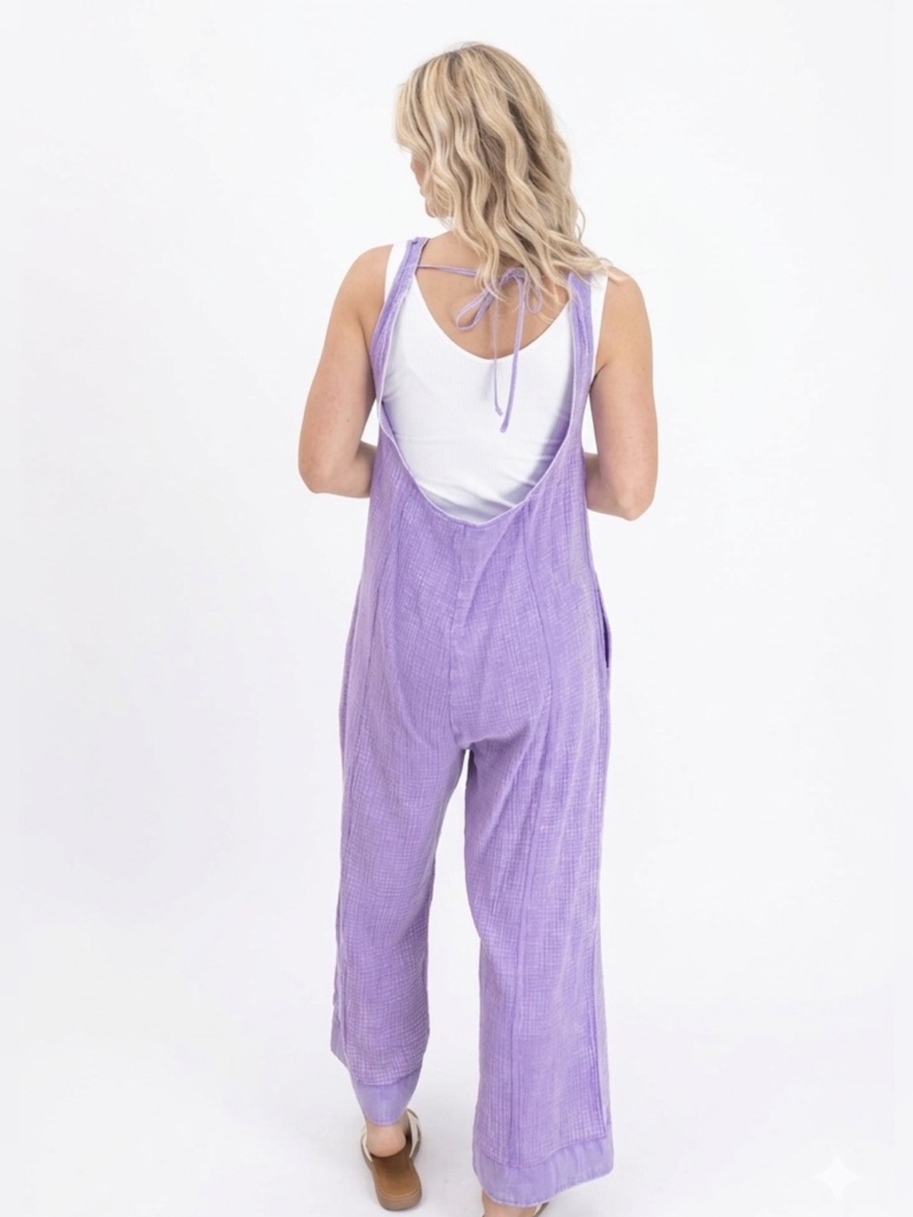 Zenana Lavender Gauze Cotton Wide Leg Overalls Size Large NWT - Picture 4 of 4
